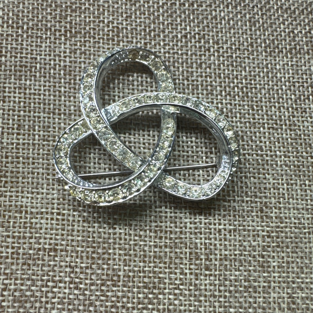 Silver Interlocking Brooch With Sparkling Stones 20$
